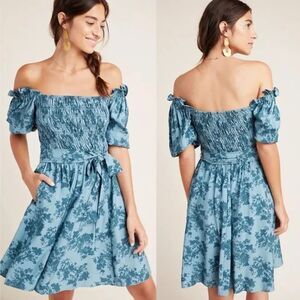 GAL MEETS GLAM Shiloh Floral Off the Shoulder Smocked Mini Dress Size 12